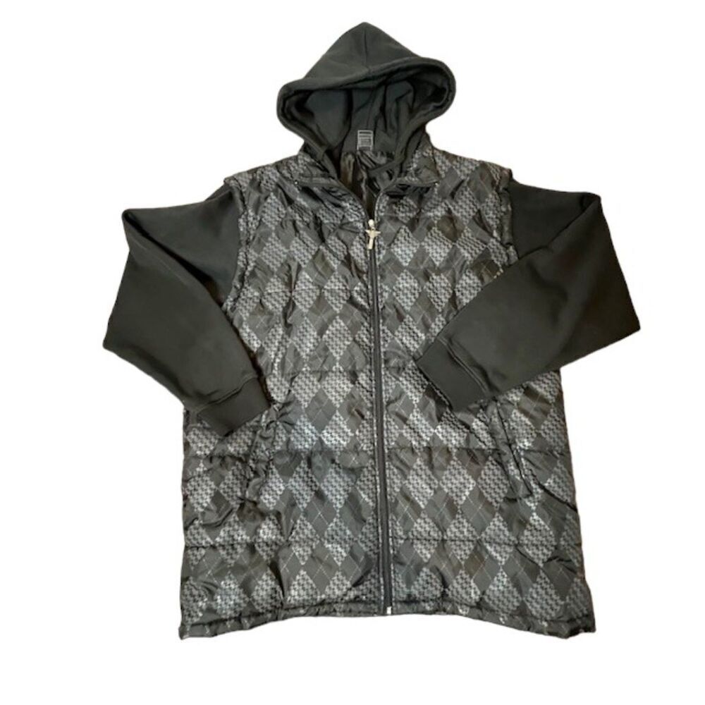 Avirex Men's Puffer Coat- Argyle torso with layered look sleeves/ Hood Black 4XL